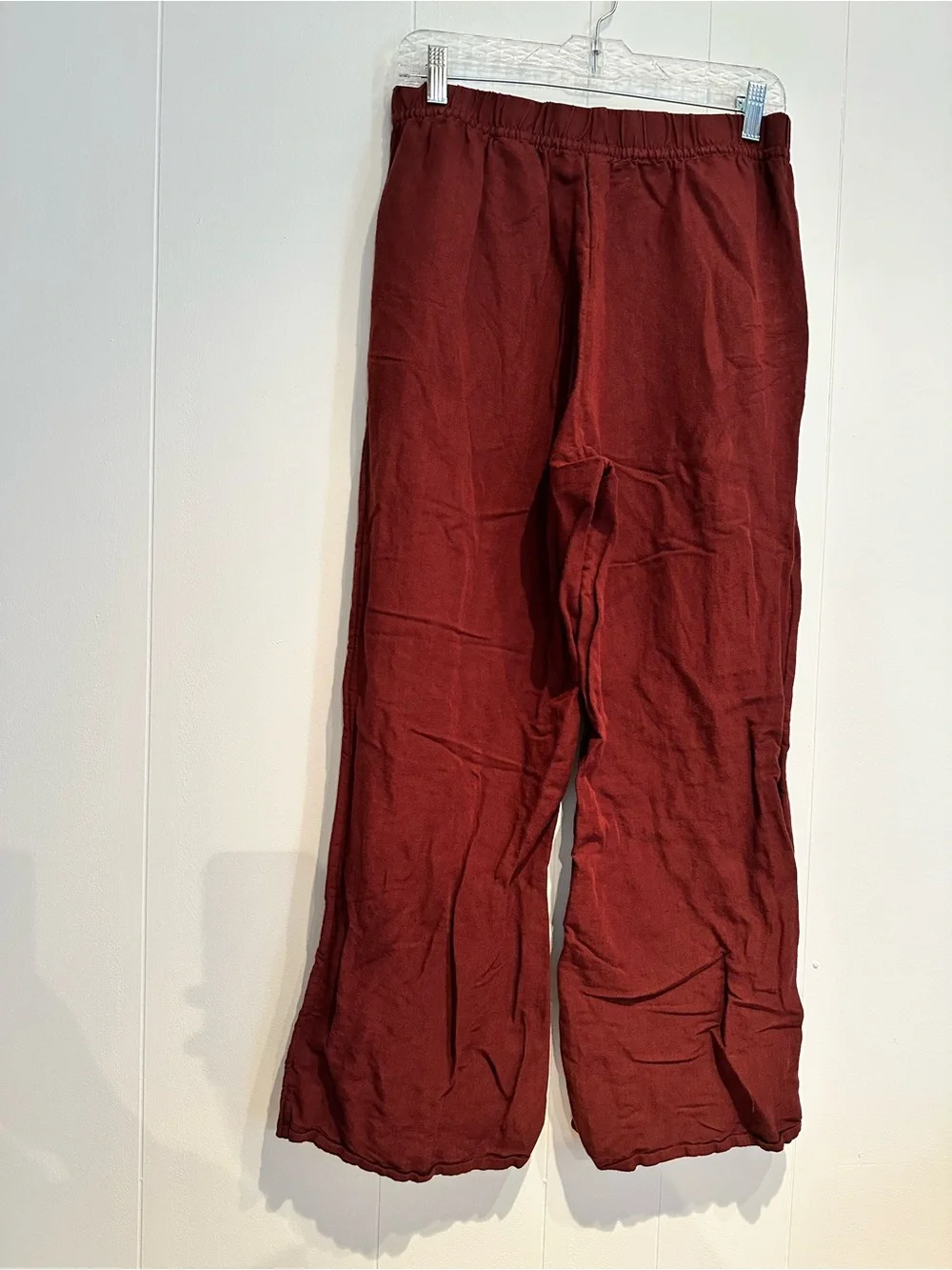 H&M Linen Blend Wide Leg Pull On Pants Burgundy Medium Elastic Waist Pockets